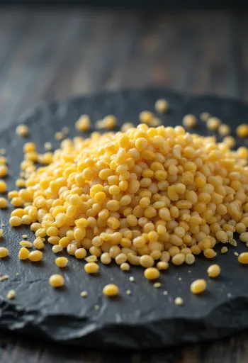 Gula senapsfrön i träskål och på bord