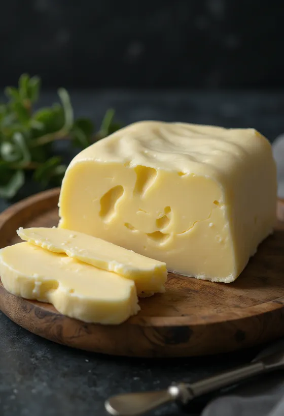 Syrat smör i litet kärl, bredvid droppad kultiverad grädde