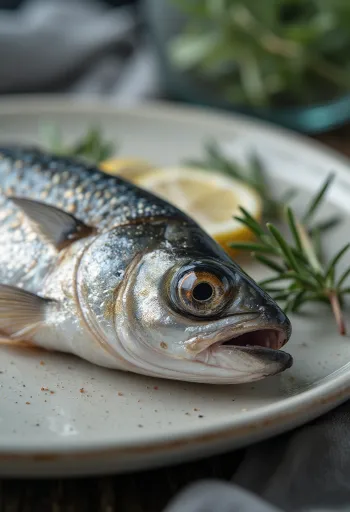 Färska sardiner med citron, salt och persilja på skärbräda