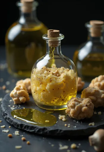 Tryffelolja i liten flaska, med tryffelskivor och serverad