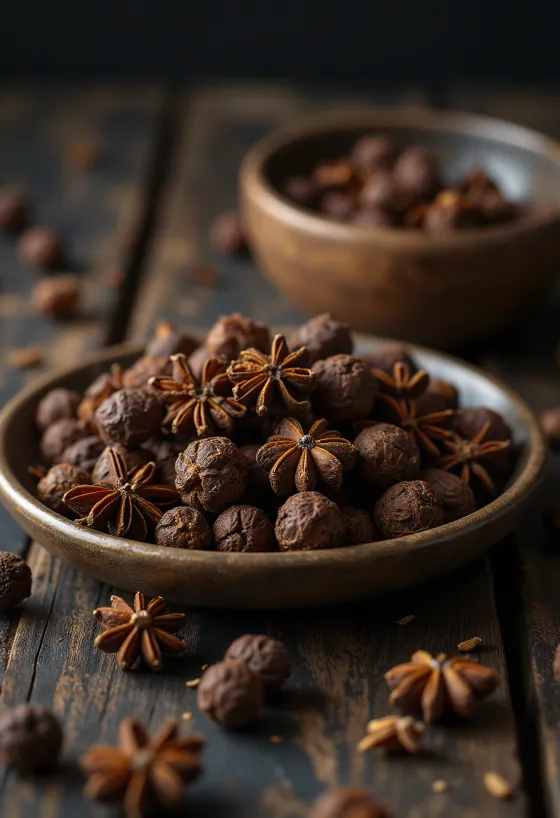 hela kryddpepparkorn i träskål och utspridda på rustik yta