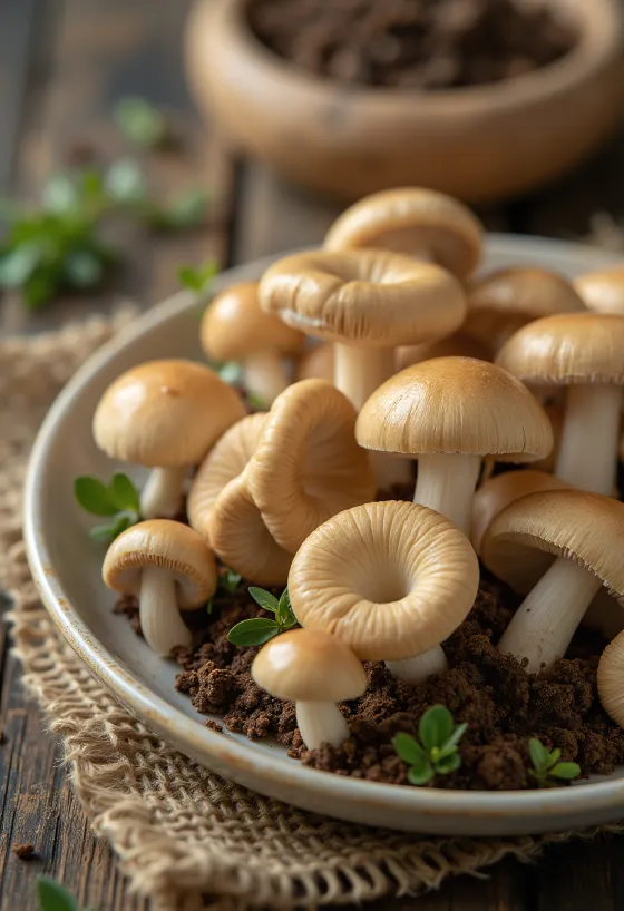 Skivad nejlikbroskskivling med färska kryddor och vitlök på träbräda