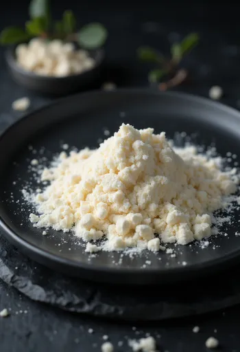 Johannesbrödkärnmjöl i keramikskål och på träslev, bredvid frukter