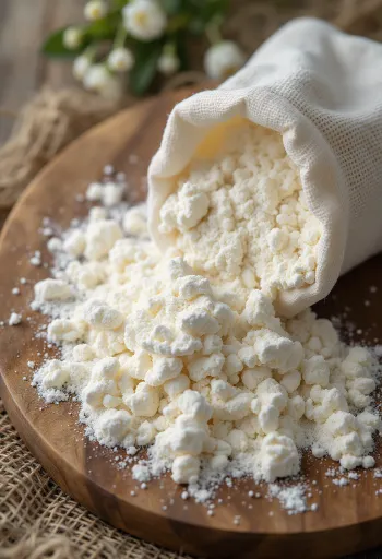 Fint tapiokamjöl i skål och på sked, på ljus yta