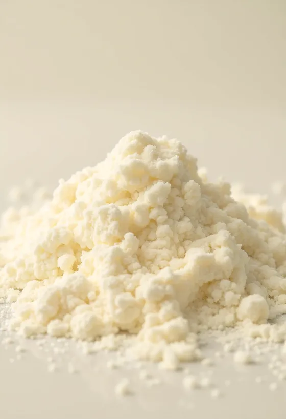 Mjölkpulver i rustik skål med träsked och spill på träyta