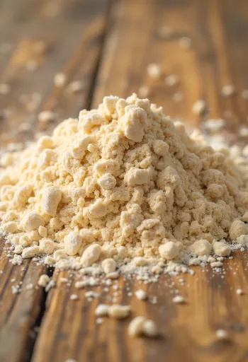 Fullkornsmjöl i rustik skål, utspritt på träyta