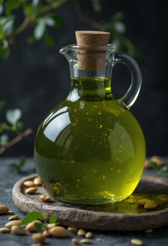 Mörkgrön pumpakärnolja i liten skål, bredvid skalade pumpakärnor