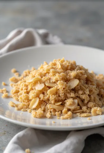 Dinkelkli i keramikskål och utspritt på köksyta av trä