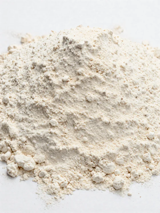 Dinkelmjöl i en keramikskål, i en naturlig, ljusbrun nyans