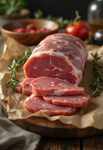 Råa skivor av vildsvinsytterfilé på skärbräda med kryddor