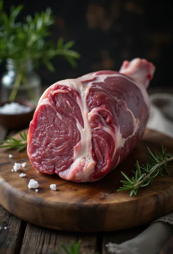 Rå vildsvinsstek med kryddor på skärbräda av trä