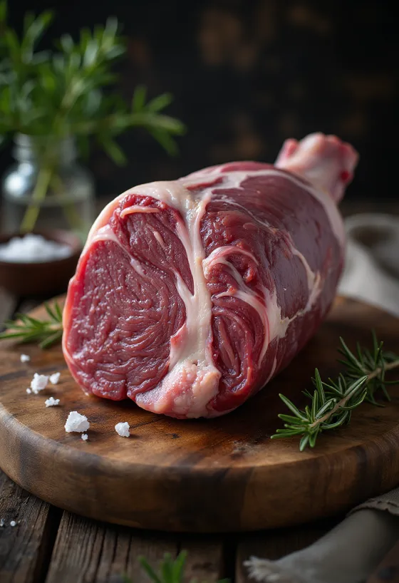 Rå vildsvinsstek med kryddor på skärbräda av trä