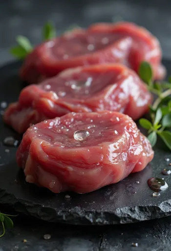 Rått vildandskött, filéat med kryddor på skärbräda