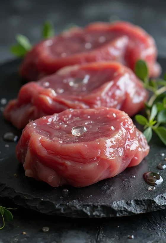 Rått vildandskött, filéat med kryddor på skärbräda