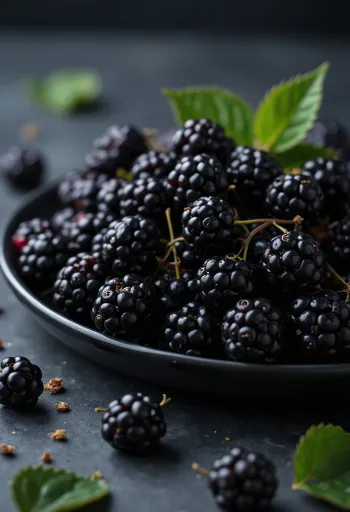 Färska vilda björnbär i mörk färg, delade och hela på neutral yta