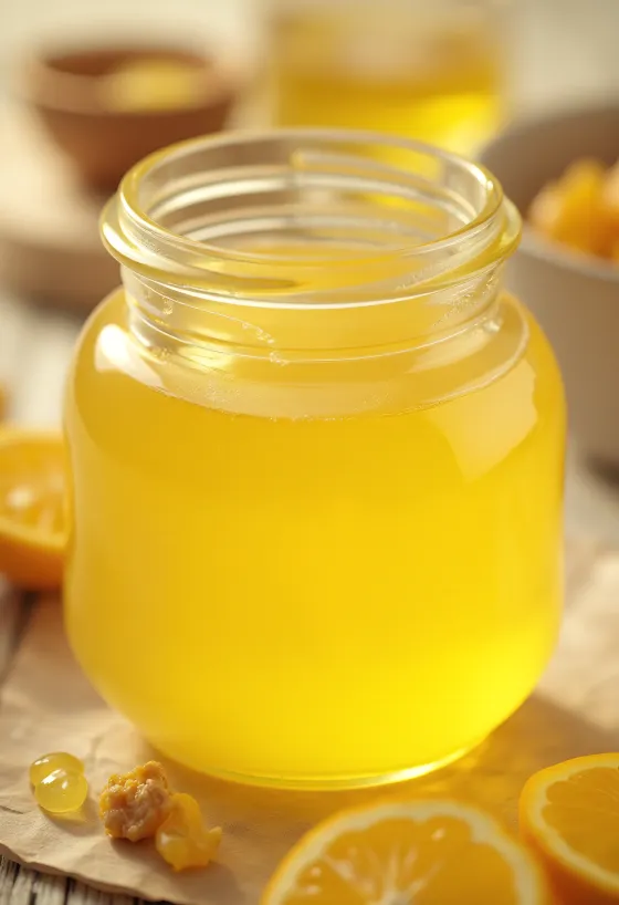 Ghee i glasburk och på sked på träbräda, i naturligt ljus