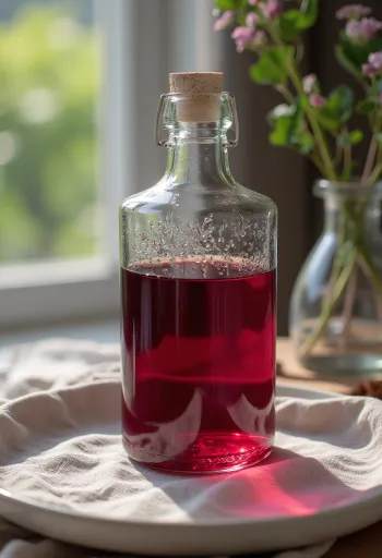 Rödvinsvinäger i glasskål, omgiven av mörkröda druvor, druvmust och vinägermoder på rustikt bord