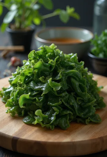 Torkad wakamealg på träyta och i liten skål