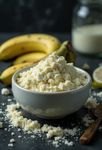 Grönbananmjöl i skål och sked, omgivet av grön banan