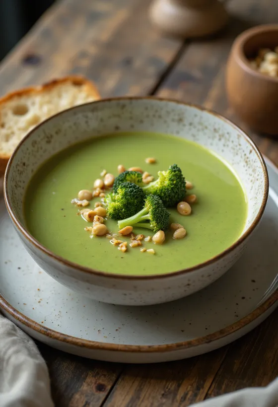 Krämig broccolisoppa serverad med knapriga brödkrutonger.
