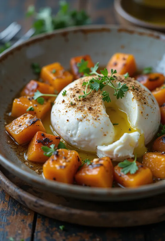 Burrata med rostad sötpotatis, serverad med färsk persilja