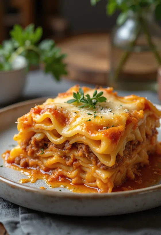 Klassisk lasagne serverad med färsk basilika