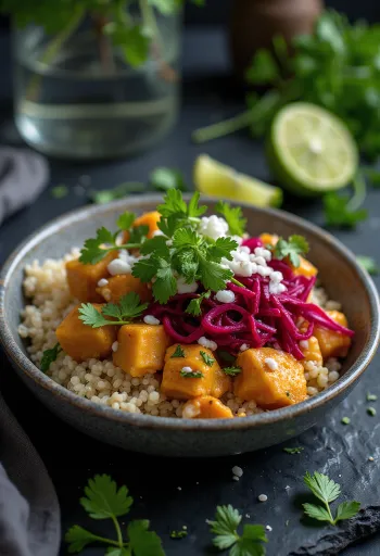 Buddha Bowl med lime, quinoa och rödbetscurrytofu serverad