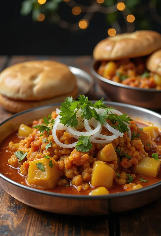 Misal Pav Nagpuri-variant, en skål med rik mungböne- och potatissås, serverad med krispig fralla