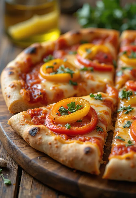 Pizza ai Peperoni med färgglada paprikor och mozzarella