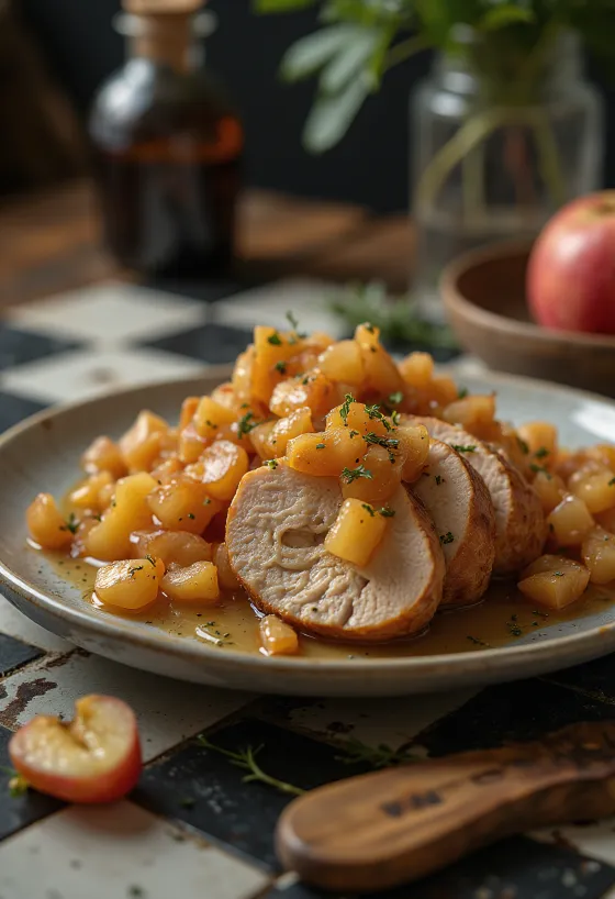 Pork loin serverad med äppelkompott och garnerad med färsk timjan
