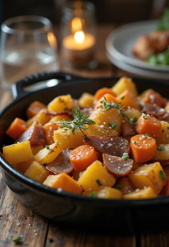 Pyttipanna med morötter och persilja, med krispig potatis