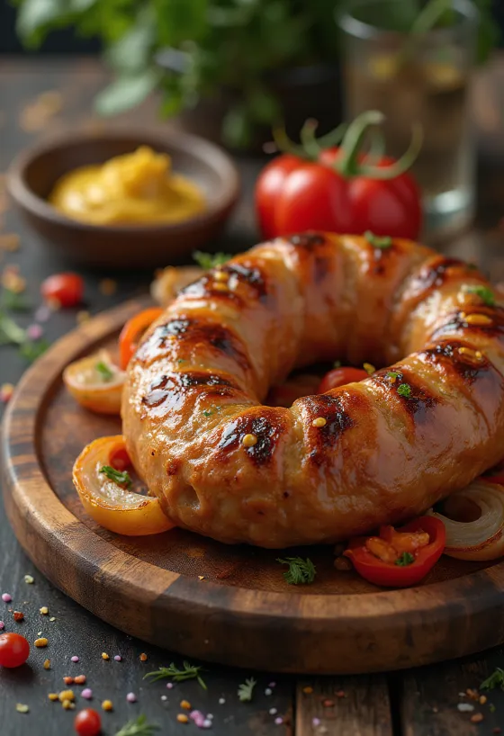 Stekt korv stekt gyllenbrun, med krispigt skinn och serverad med färska örter