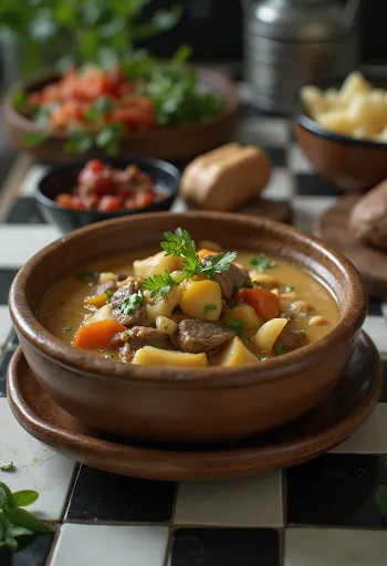 Gryta med jakkött och smörte serverad i en rustik skål med färska örter