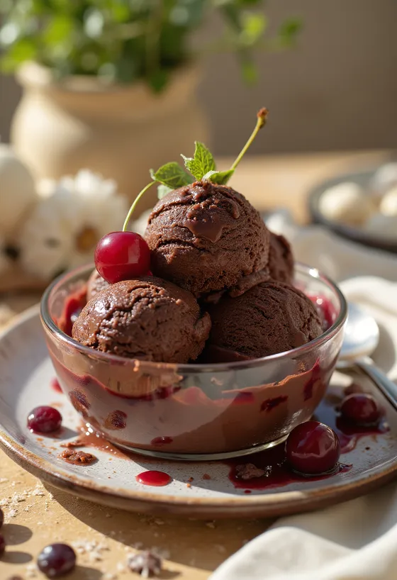 Mörk chokladglass med körsbär serverad med chokladspån