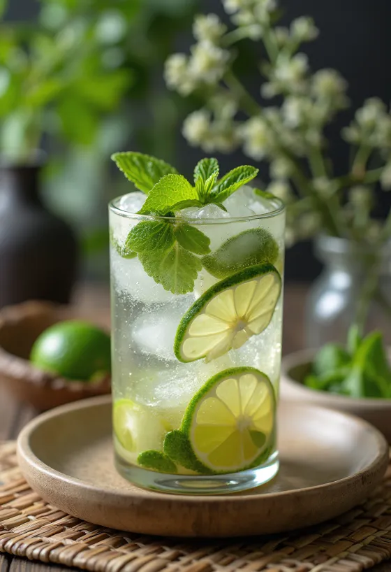 Mojito dekorerad med färska myntablad och limeskivor