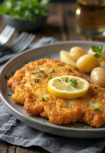 Pork schnitzel med potatis, krispigt fläskkött och smörad potatis