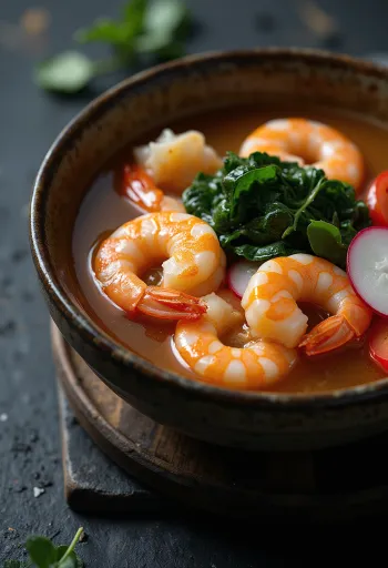 Sinigang med räkor serverad, syrlig soppa med färska grönsaker och räkor.