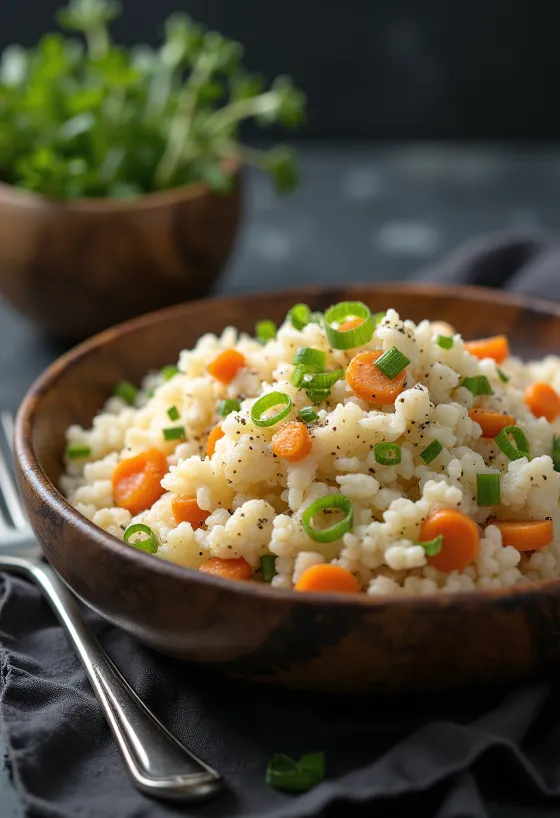 Veganskt blomkålsris med morötter serverad