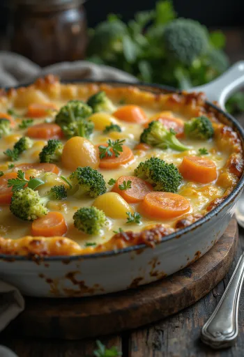 Grönsaksgratäng i lager, gratinerad med ost och kryddor.