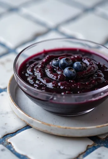 Blåbärssås med chili och balsamvinäger i en skål, dekorerad med färska blåbär och chiliskivor