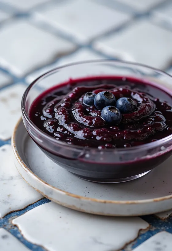 Blåbärssås med chili och balsamvinäger i en skål, dekorerad med färska blåbär och chiliskivor