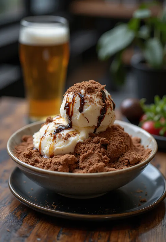Chokobingsu, koreansk chokladisdessert med chokladglass och sås