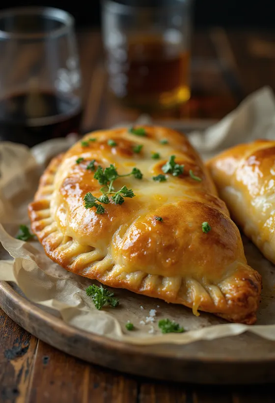 Cornish pasty med ost och lök, rik på nötkött och krispig deg