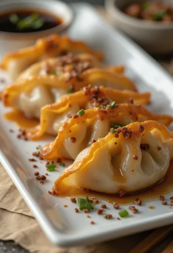 Duck Gyoza serverad med ankkött i pekingstil och sojasåsdipp