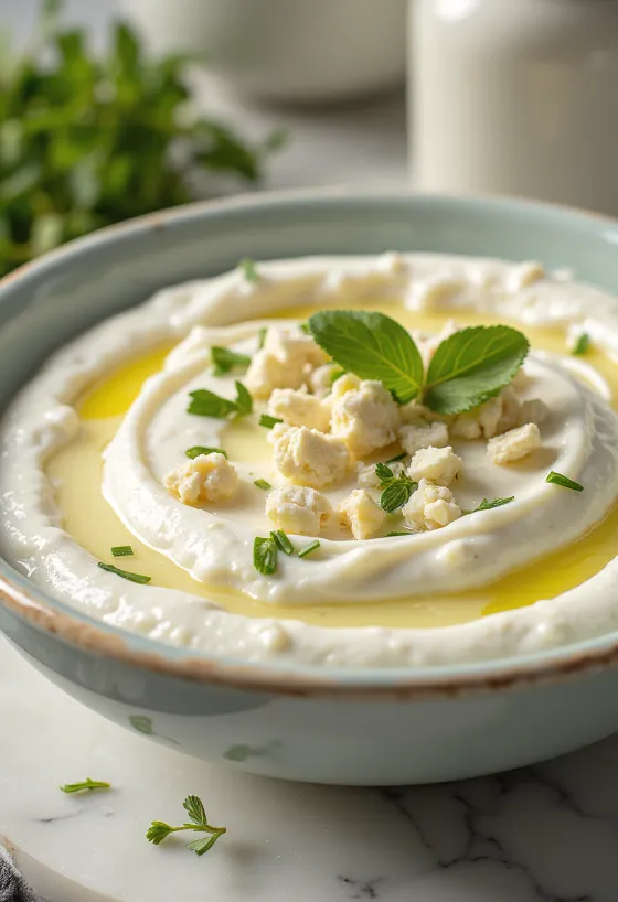 Fetaröra med dill serverad med färskt pitabröd