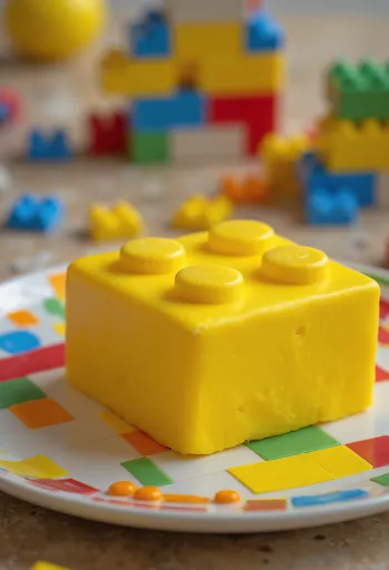 LEGO-tårta med färgglad fondanttäckning och byggklossdekoration