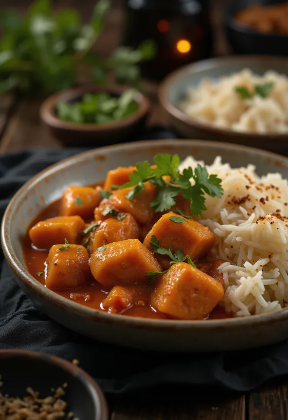 Pork Vindaloo serverad med ris och färsk koriander