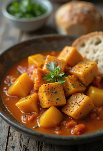 Vegansk lecsó med tofu serverad