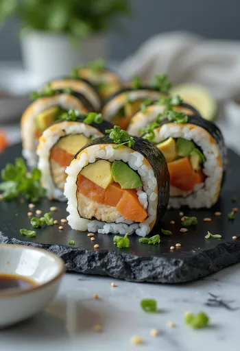 Vegansk sushi med tofu, grönsaker och sojasås