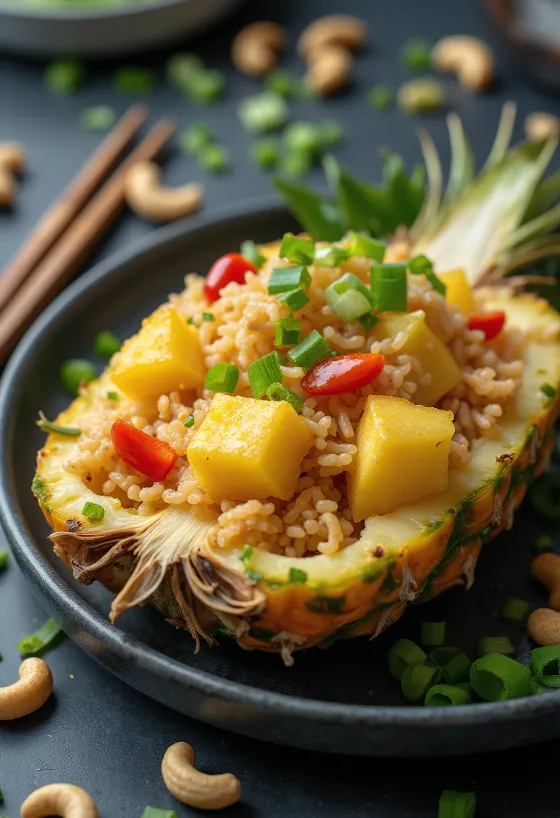 Stekt ris med ananas serverat